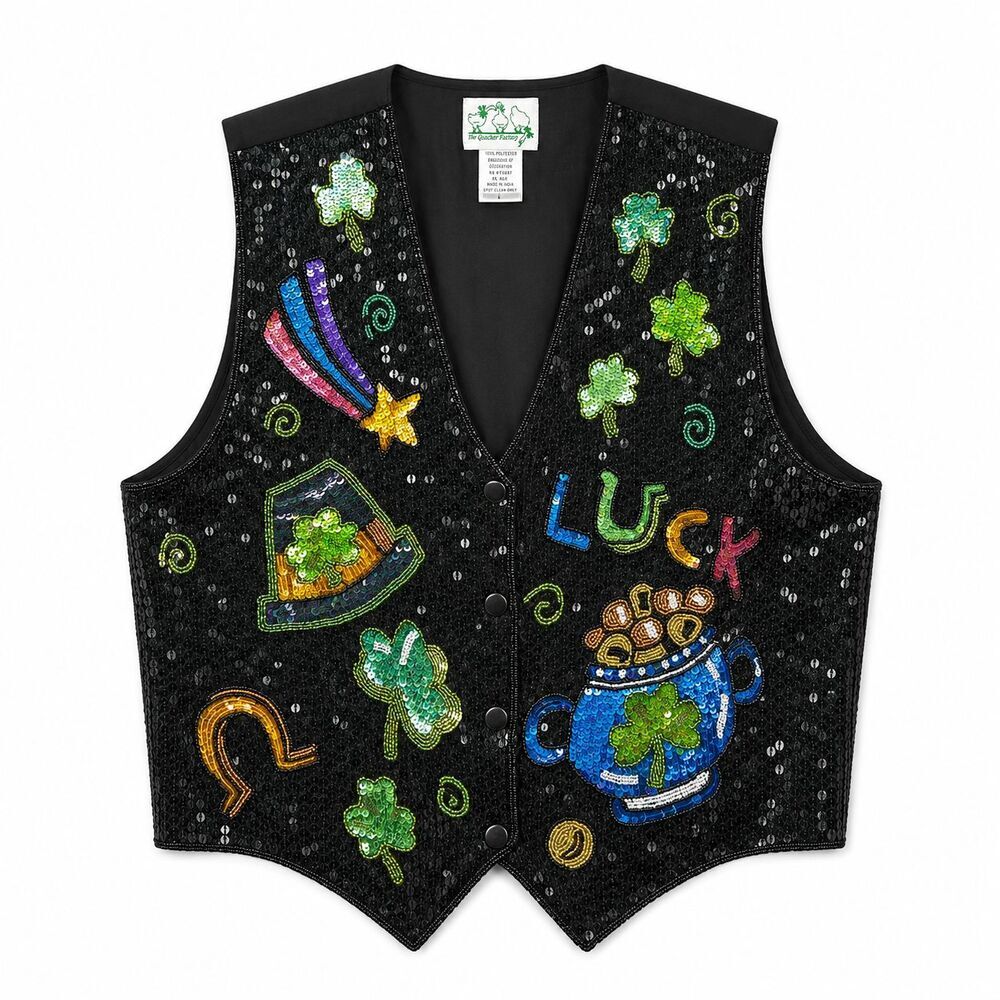 Vintage Quacker Factory Sequin Vest Size Large Good Luck Lucky Irish Casino